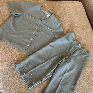 Vintage Alfred Dunner Teal Button-Accent Pants & Top Set